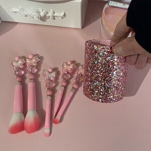 New Pink Glitter Makeup Brush Holder and Custom Made Makeup Brush 5 pc Set